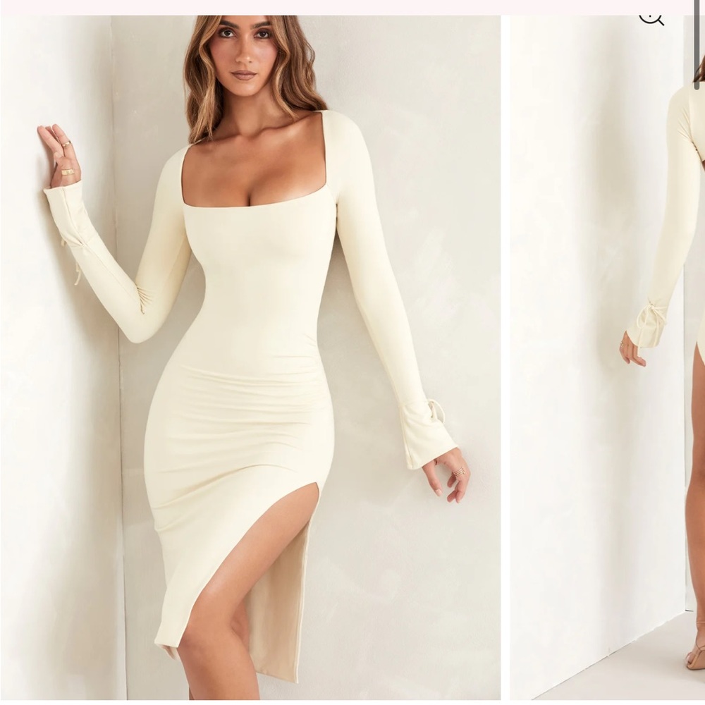 Oh Polly SAWYER Square Neck Long Sleeve Midi Dress in Ivory